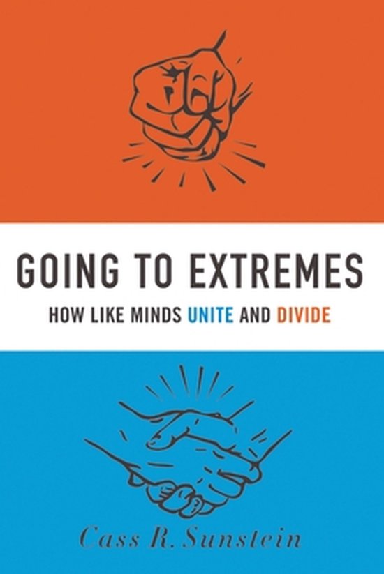 Boek kaft met tekst "Going to Extremes" en illustraties van een vuist en handen schudden.