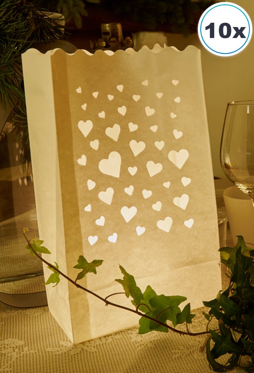 Volanterna 10x Candle Bags DUIZEND HARTJES – Hoogte 26 cm – Bodem 16x9 cm – Lichtzakken – Brandvertragend Papier – Voor Liefde, Feest, Valentijn, Herinnering – Candlebag wit