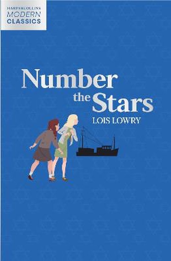 Boek kaft met de titel 'Number the Stars' door Lois Lowry. Twee meisjes op een blauwe achtergrond met Davidsterren, een silhouet van een boot op de achtergrond.