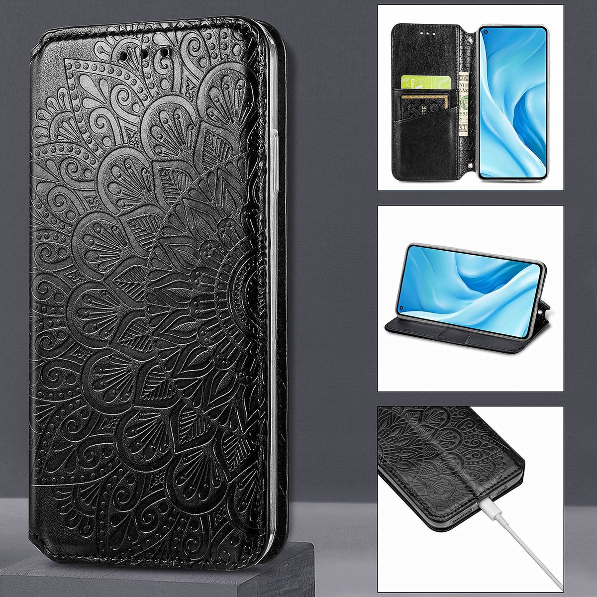 Luxe PU Lederen Blooming Mandala Reliëfpatroon Wallet Case + PMMA Screenprotector voor OnePlus 8T _ Zwart