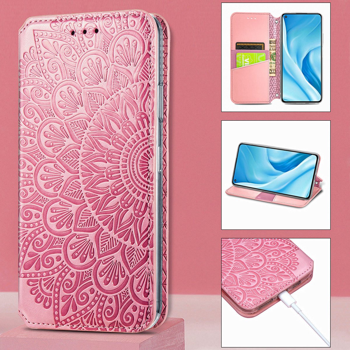 Luxe PU Lederen Blooming Mandala Reliëfpatroon Wallet Case + PMMA Screenprotector voor OnePlus 8T _Roze