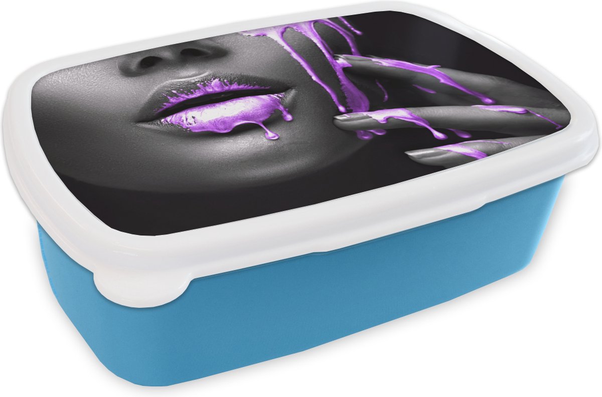 Broodtrommel Blauw - Lunchbox - Brooddoos - Lippen - Paars - Zwart - 18x12x6 cm - Kinderen - Jongen