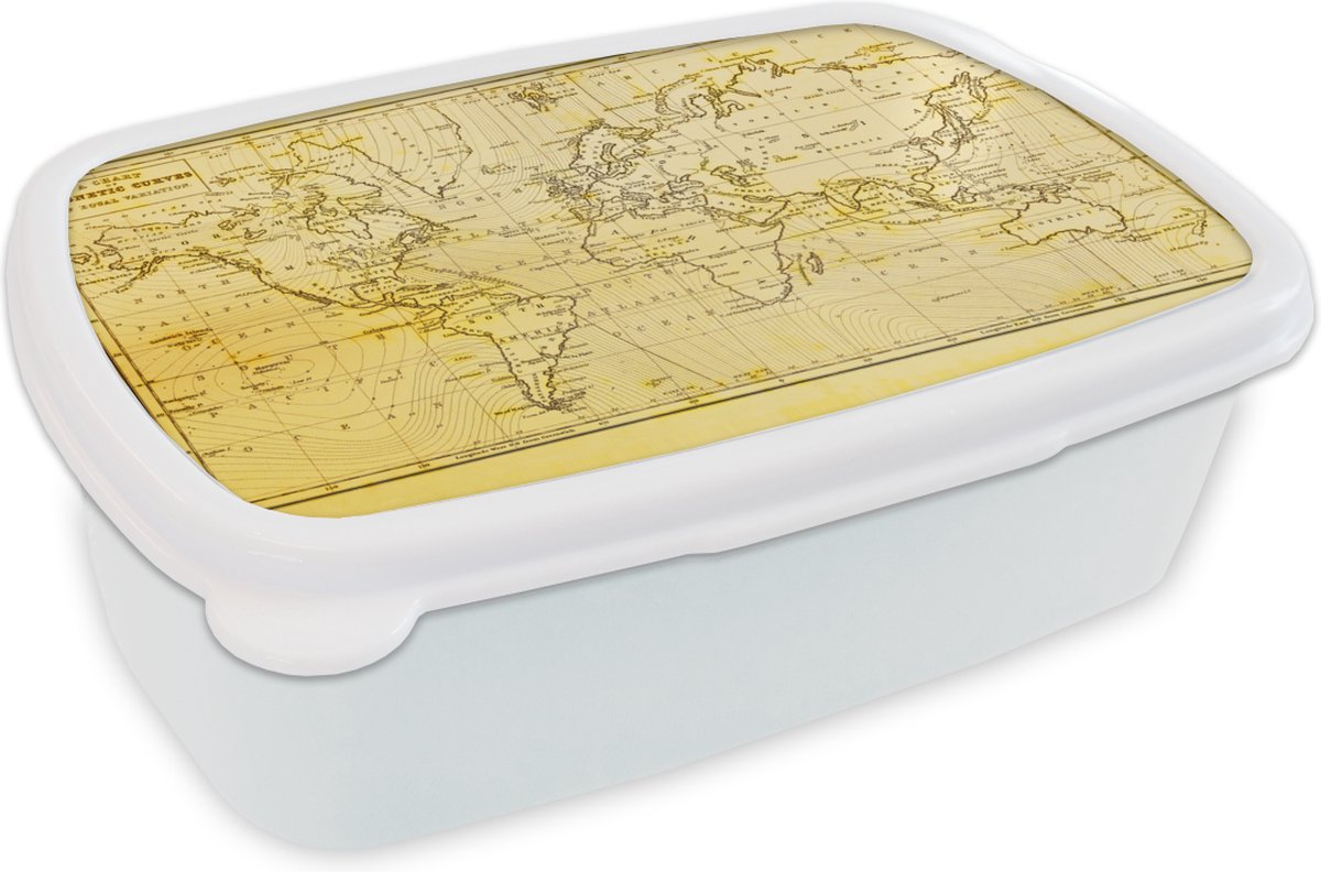 Broodtrommel Wit - Lunchbox - Brooddoos - Wereldkaart - Vintage - Geel - 18x12x6 cm - Volwassenen