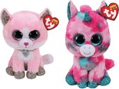 Ty - Knuffel - Beanie Boo's - Gumball Unicorn & Fiona Pink Cat