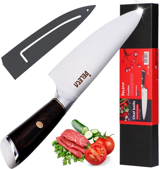 Deleca Professioneel RVS Koksmes 20 cm - Met Luxe Geschenkdoos - Chef knife - Vaderdag Cadeau - Universeel Keukenmes - Vleesmes - Japans Pakkahout