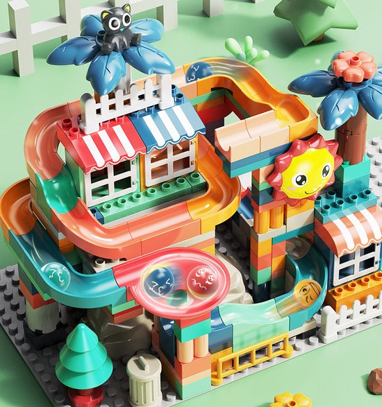 Thumbnail van een extra afbeelding van het spel Knikkerbaan 322 delig met Eektronische Motor en Bouwplaat- Zonstad - Mijn Eerste Knikkerbaan Creaties - Baanelementenset - Bouwblokken Voordeelverpakking - Bouwstenen compatibel met Duplo - Grote Bouwstenen
