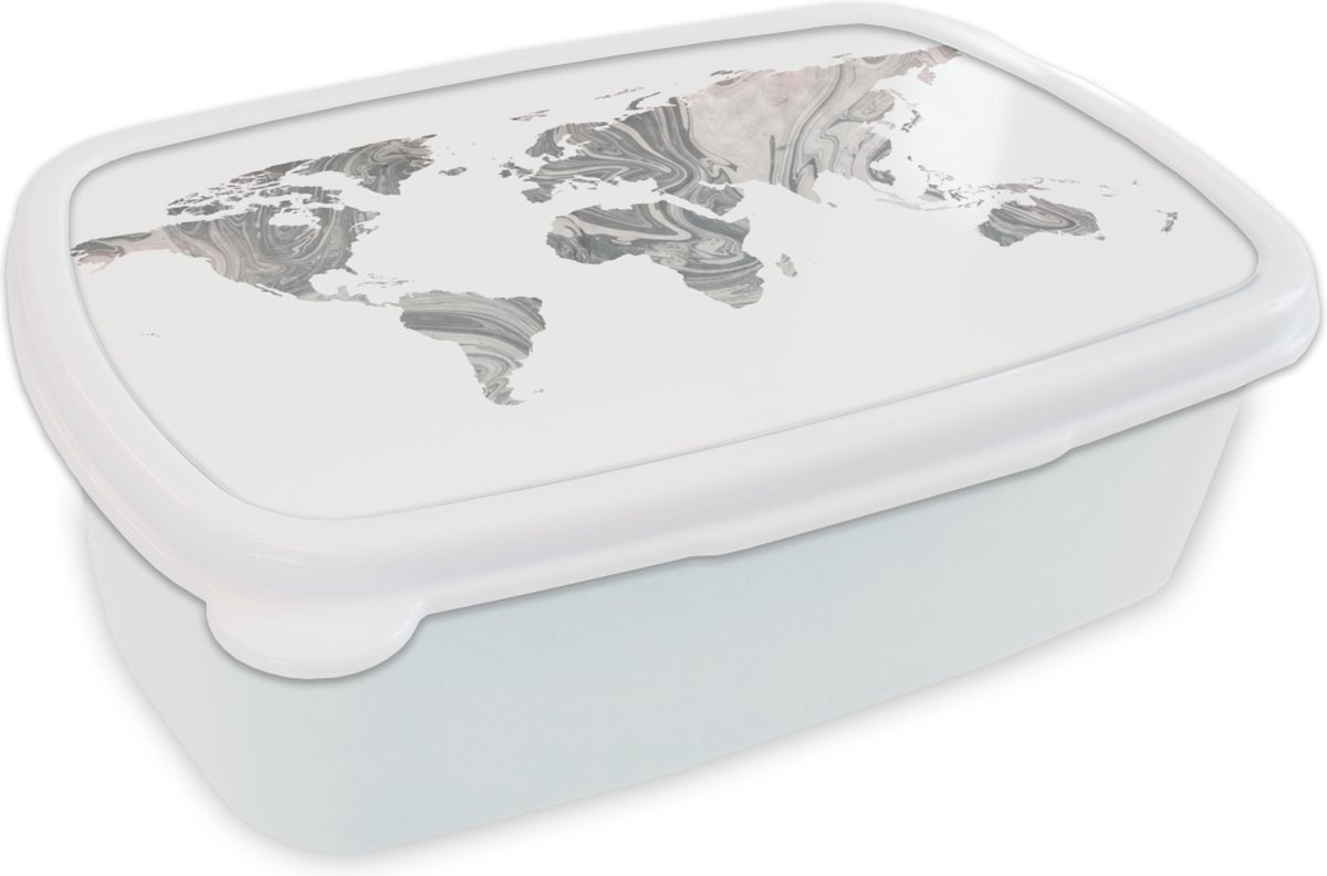 Broodtrommel Wit - Lunchbox - Brooddoos - Wereldkaart - Verf - Grijs - 18x12x6 cm - Volwassenen