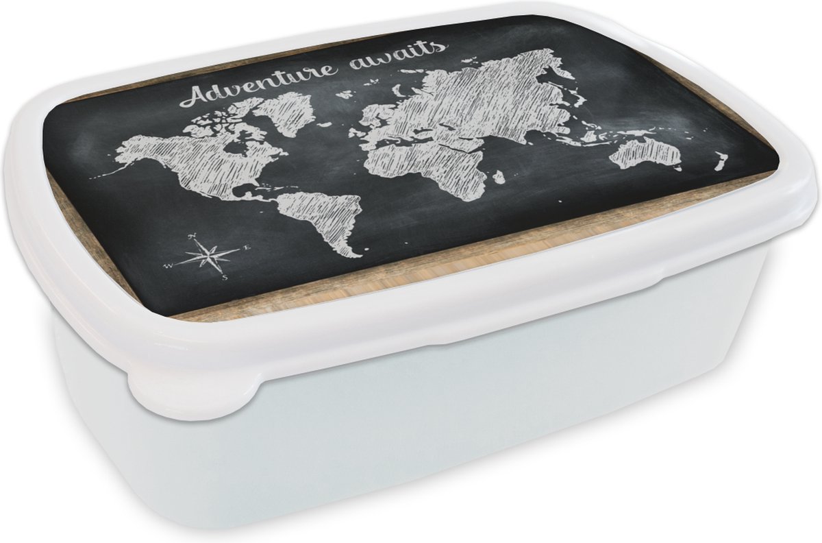 Broodtrommel Wit - Lunchbox - Brooddoos - Wereldkaart - Krijtbord - Wit - 18x12x6 cm - Volwassenen