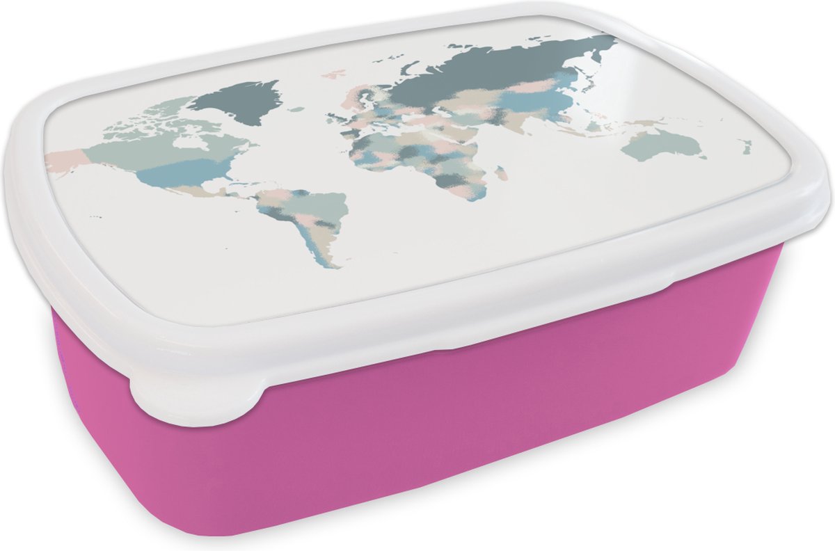 Broodtrommel Roze - Lunchbox - Brooddoos - Wereldkaart - Pastel - Wit - 18x12x6 cm - Kinderen - Meisje
