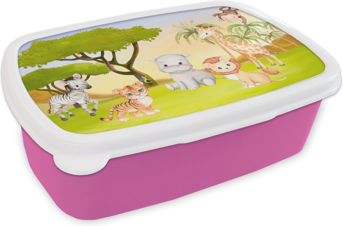 Broodtrommel Roze - Lunchbox - Brooddoos - Jungle - Dieren - Kind - 18x12x6 cm - Kinderen - Meisje