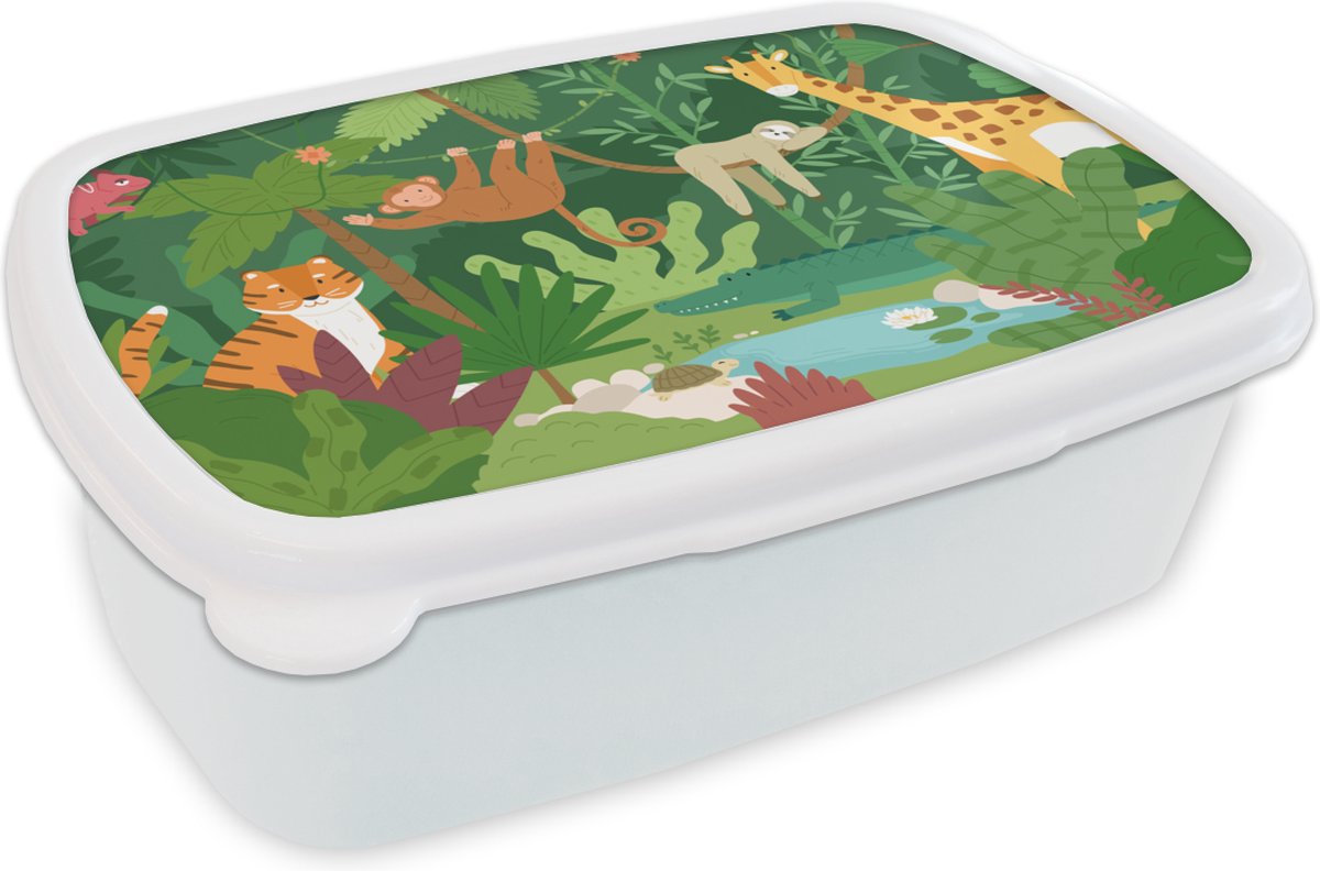 Broodtrommel Wit - Lunchbox - Brooddoos - Jungle - Dieren - Natuur - 18x12x6 cm - Volwassenen
