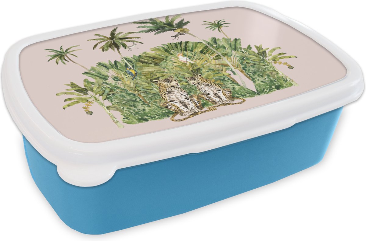 Broodtrommel Blauw - Lunchbox - Brooddoos - Jungle - Dieren - Bomen - 18x12x6 cm - Kinderen - Jongen