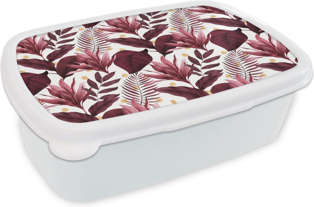 Broodtrommel Wit - Lunchbox - Brooddoos - Tropisch - Paars - Goud - 18x12x6 cm - Volwassenen
