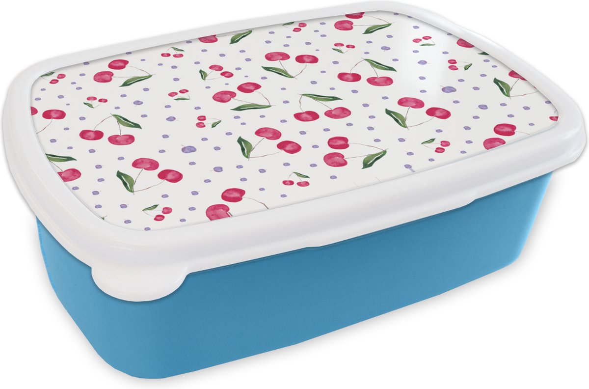 Broodtrommel Blauw - Lunchbox - Brooddoos - Kersen - Fruit - Wit - 18x12x6 cm - Kinderen - Jongen