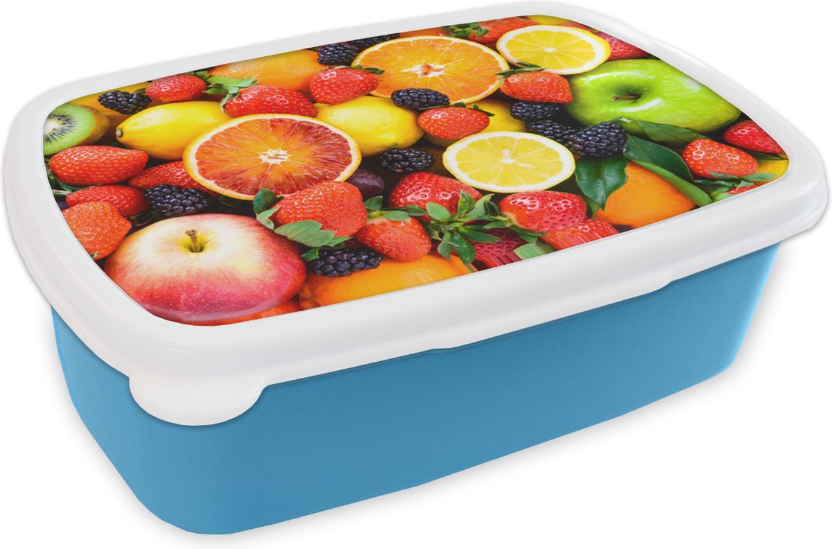 Broodtrommel Blauw - Lunchbox - Brooddoos - Aardbei - Citroen - Fruit - 18x12x6 cm - Kinderen - Jongen