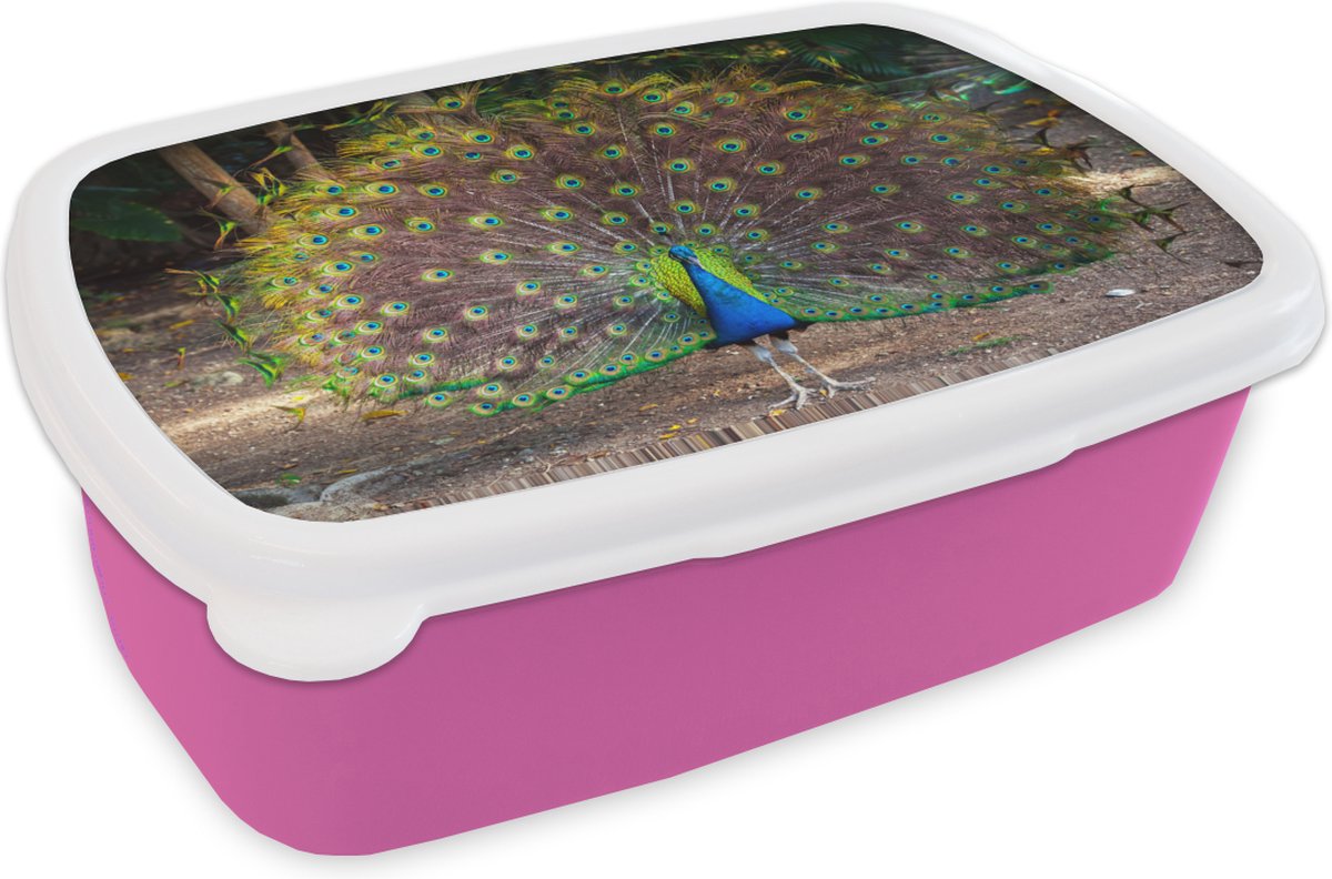Broodtrommel Roze - Lunchbox - Brooddoos - Pauw - Wild - Bos - 18x12x6 cm - Kinderen - Meisje