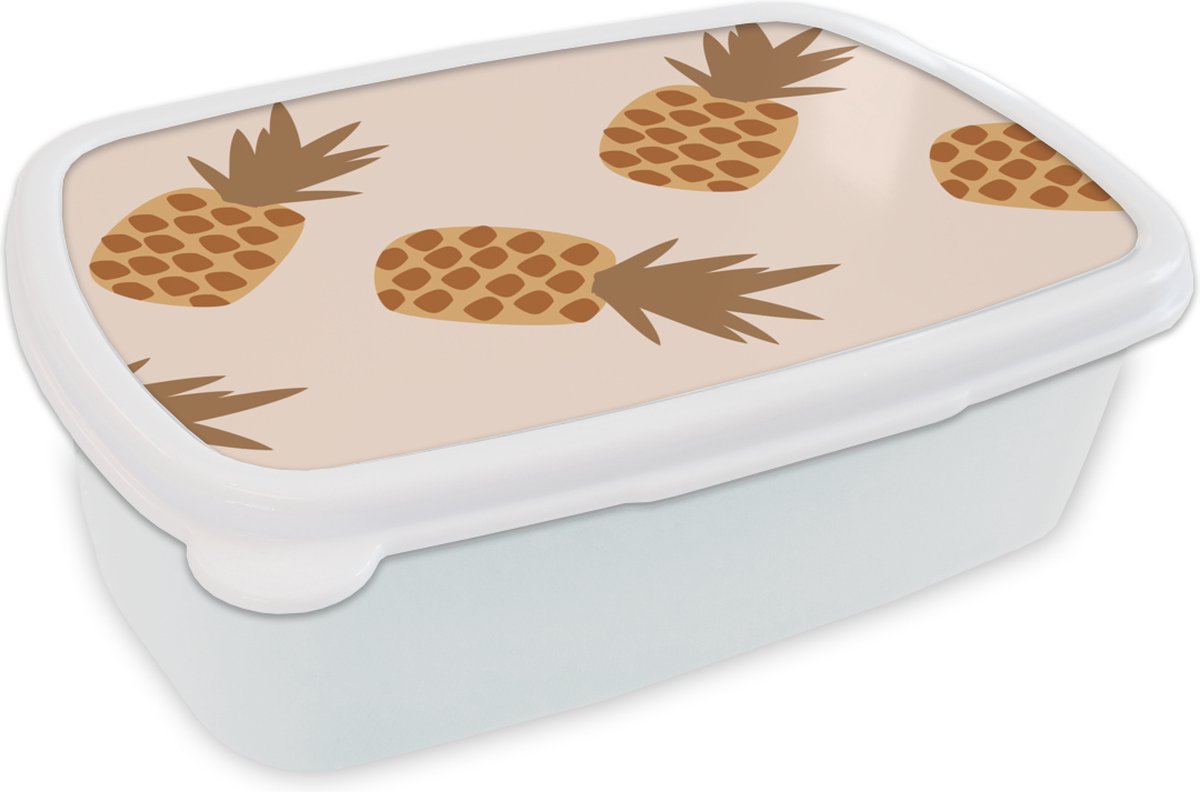 Broodtrommel Wit - Lunchbox - Brooddoos - Zomer - Ananassen - Pastel - 18x12x6 cm - Volwassenen