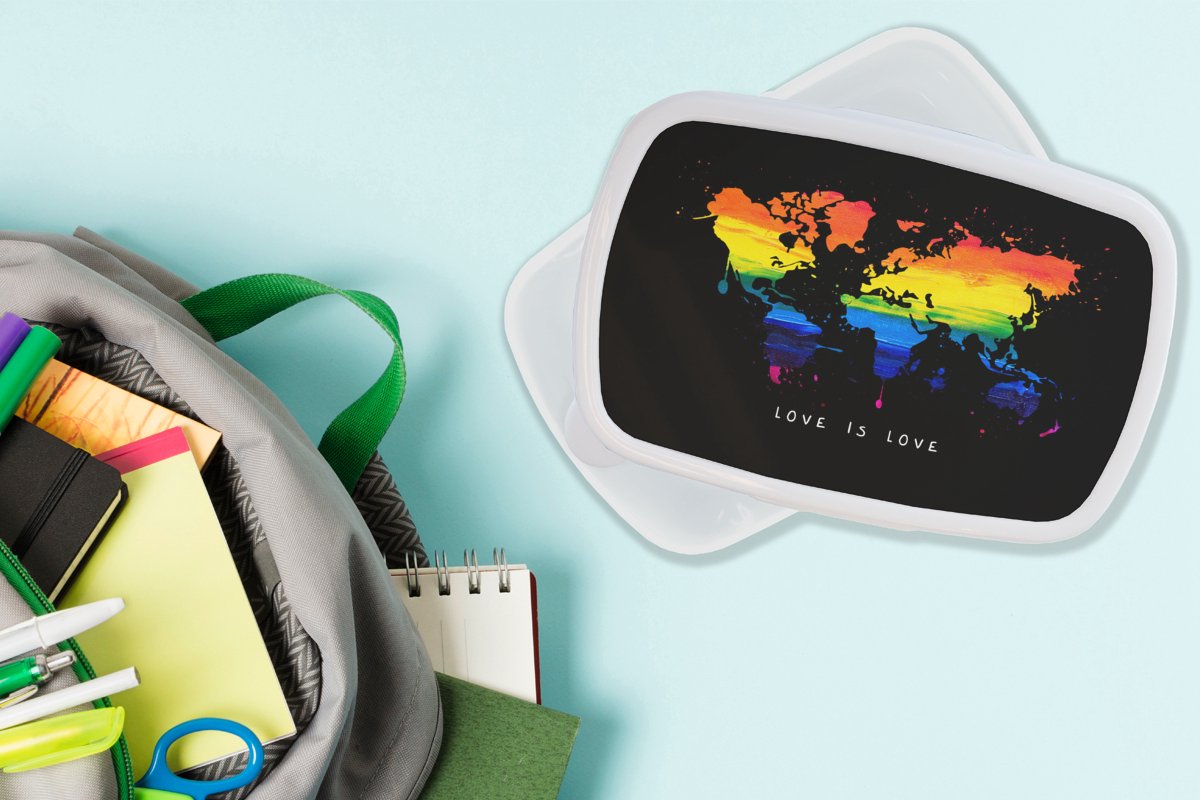 Broodtrommel Wit - Lunchbox - Brooddoos - Wereldkaart - Pride - Liefde - 18x12x6 cm - Volwassenen