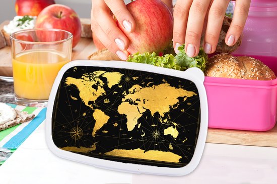 Boîte à pain Rose - Lunch box - Boîte à pain - Wereldkaart - Or - Zwart - Luxe - 18x12x6 cm - Enfants - Fille