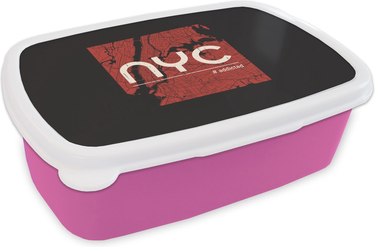 Broodtrommel Roze - Lunchbox - Brooddoos - New York - Rood - Wit - 18x12x6 cm - Kinderen - Meisje