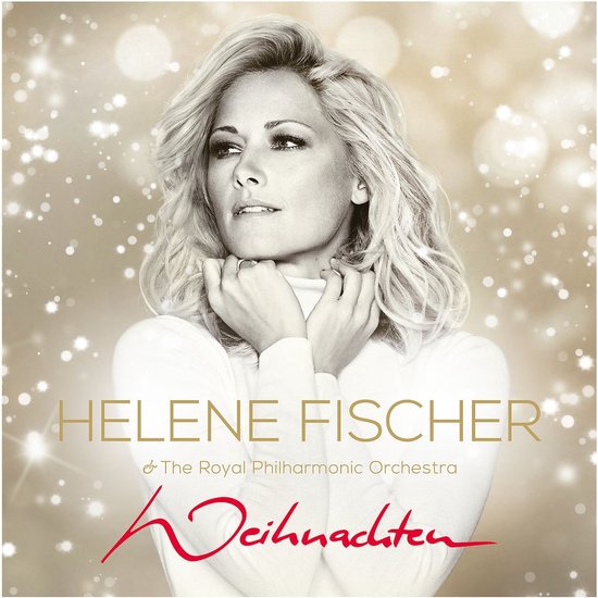 Helene Fischer met The Royal Philharmonic Orchestra, Weihnachten albumhoes, gouden glitter achtergrond, witte coltrui.