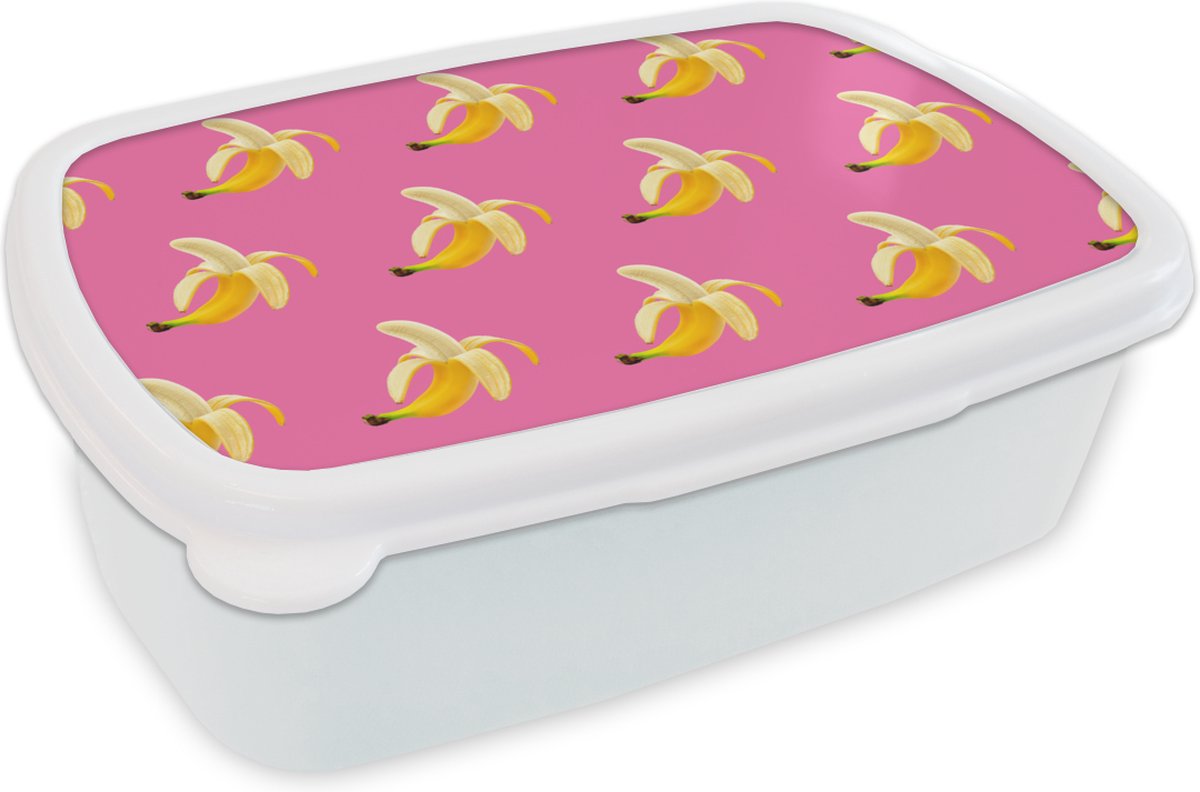 Broodtrommel Wit - Lunchbox - Brooddoos - Banaan - Patronen - Roze - 18x12x6 cm - Volwassenen
