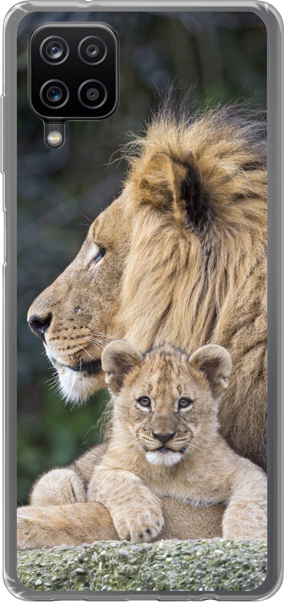 Telefoonhoesje Geschikt voor Samsung Galaxy A12 hoesje - Volwassen leeuw met jong - Siliconen Telefoonhoesje Telefoonhoesje