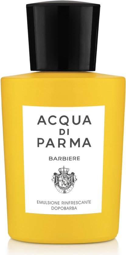 Gele fles met een wit etiket van Acqua di Parma Barbiere, verfrissende aftershave emulsie.