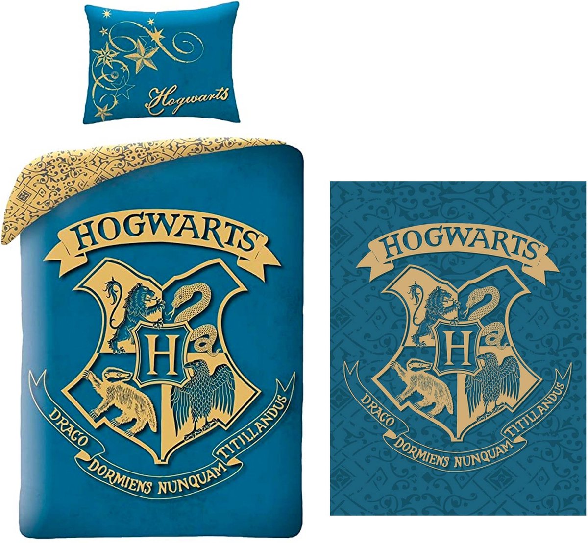 Harry Potter Dekbedovertrek- Katoen- 1persoons- 140x200- Dekbed Hogwarts Logo -Petrol-blauw incl. Harry Potter Fleecedeken Hogwarts - 130 x 170 cm - Polyester