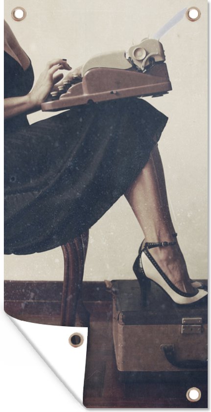 Affiche de jardin Machine à écrire - Vintage - Femme - 30x60 cm - Toile jardin - Affiche extérieure