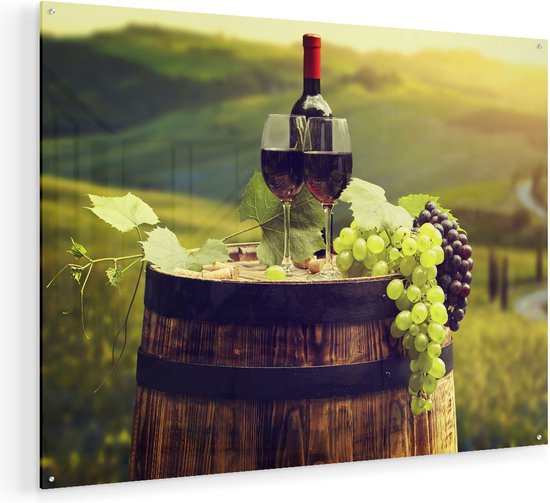 Artaza Glasschilderij - Wijn met Druiven op een Vat in Toscane - 100x75 - Groot - Plexiglas Schilderij - Foto op Glas