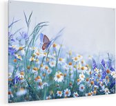 Artaza Glasschilderij - Witte Kamille Bloemen Met Een Vlinder - 100x75 - Groot - Plexiglas Schilderij - Foto op Glas