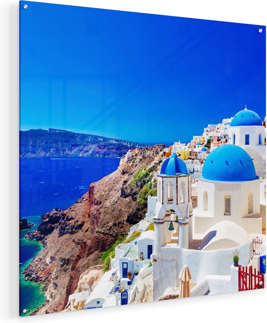 Artaza Glasschilderij - Blauwe Huizen met Koepels in Griekenland - 70x70 - Plexiglas Schilderij - Foto op Glas
