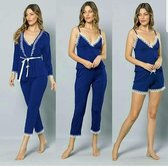 Dames Katoen Pyjama | 4-delige set | Katoen nachtkleding | Katoen nachthemd | Elegant Katoen Ochtendjas | Cadeau voor dames | Kleur: blauw | Maat: S