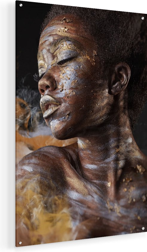 Artaza Glasschilderij - Afrikaanse Vrouw Met Zilver En Goud - 60x90 - Plexiglas Schilderij - Foto op Glas