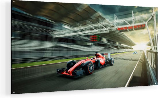 Artaza Glasschilderij - Formule 1 Auto bij de Finish in het Rood - 120x60 - Groot - Plexiglas Schilderij - Foto op Glas