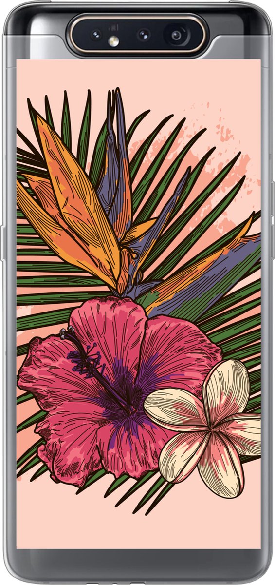 Telefoonhoesje Geschikt voor Samsung Galaxy A80 hoesje - Bloemen - Tropisch - Roze - Siliconen Telefoonhoesje Telefoonhoesje
