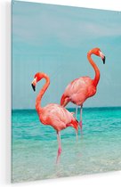 Artaza Glasschilderij - Twee Flamingo's in het Water - 75x100 - Groot - Plexiglas Schilderij - Foto op Glas
