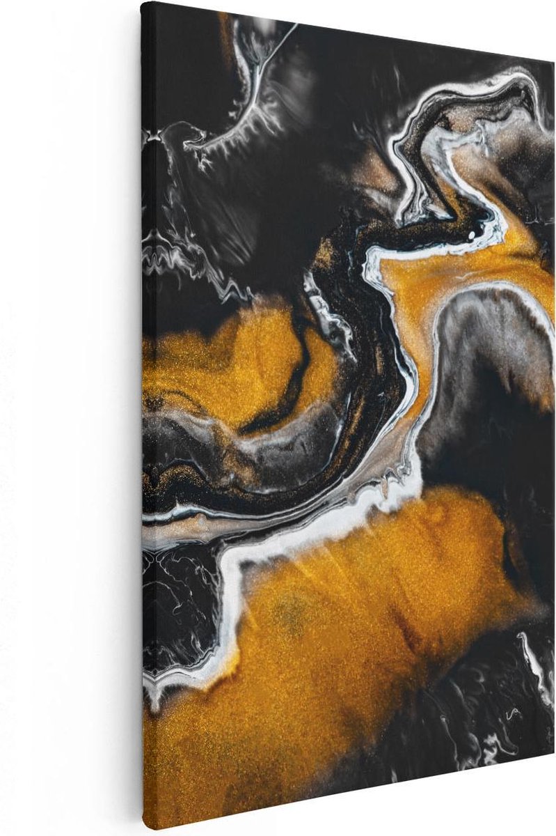 Artaza Canvas Schilderij Abstracte Kunst van Zwarte Gouden Verf - 80x120 - Groot - Foto Op Canvas - Canvas Print