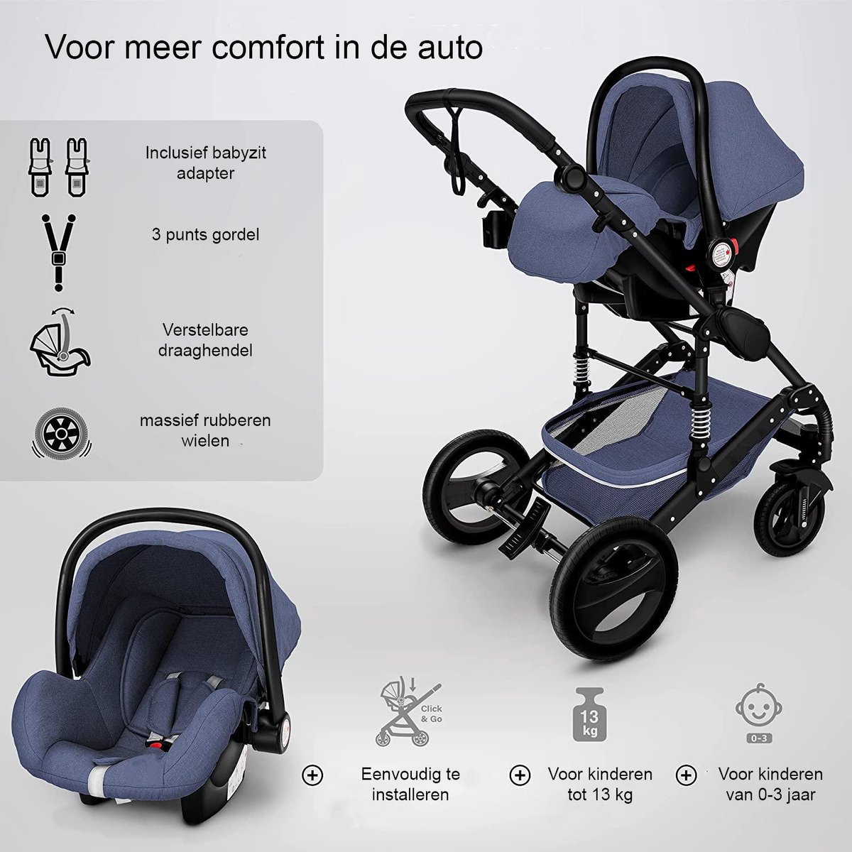 Kinderwagen 3 in 1 met Luiertas Blauw/Zwart - afbeelding 3