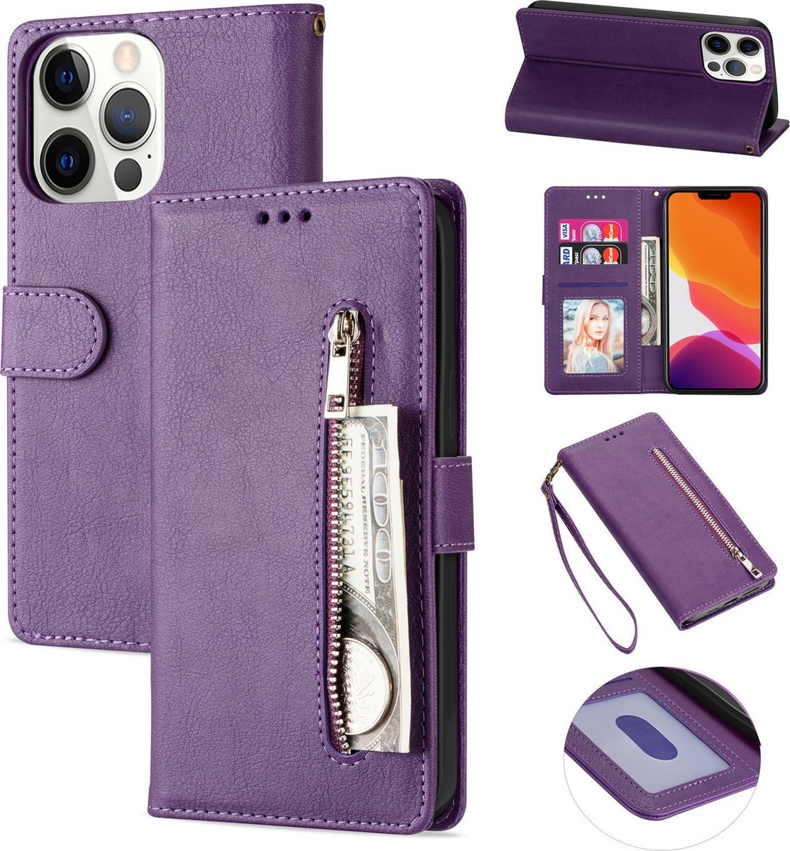 Luxe Telefoonhoesje voor Apple iPhone 13 Mini | Hoogwaardig Leren Bookcase | Lederen Wallet Case | Pasjeshouder | Paars
