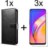 Oppo A74 5G hoesje bookcase met pasjeshouder zwart wallet portemonnee book case cover - 3x Oppo A74 5G screenprotector