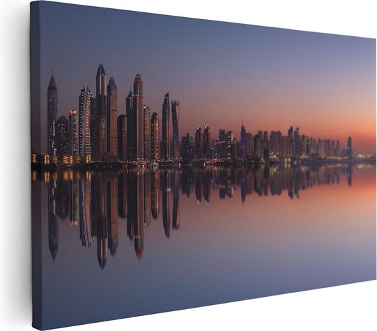 Artaza Canvas Schilderij Skyline Dubai Stad bij Zonsondergang - 90x60 - Foto Op Canvas - Canvas Print - Muurdecoratie