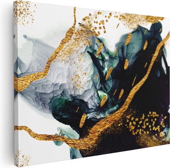 Artaza Canvas Schilderij Abstracte Kunst - Zwart Wit met Gouden Strepen - 80x60 - Foto Op Canvas - Canvas Print