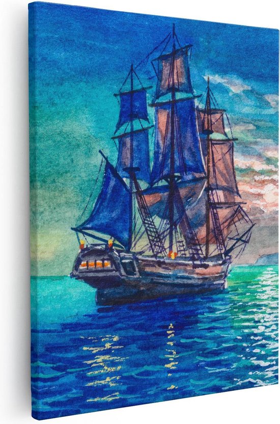 Artaza - Canvas Schilderij - Oude Piratenschip Zeilboot Getekend - 80x100 - Groot - Foto Op Canvas - Canvas Print