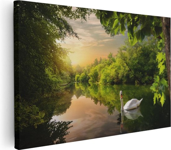 Artaza Canvas Schilderij Zwaan op het Water in het Bos - 30x20 - Klein - Foto Op Canvas - Canvas Print