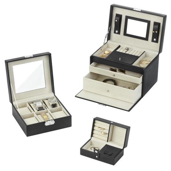 Treasury Juwelendoos 3-dlg - Sieraden doos met spiegel - Horlogebox - Zwart - Treasury