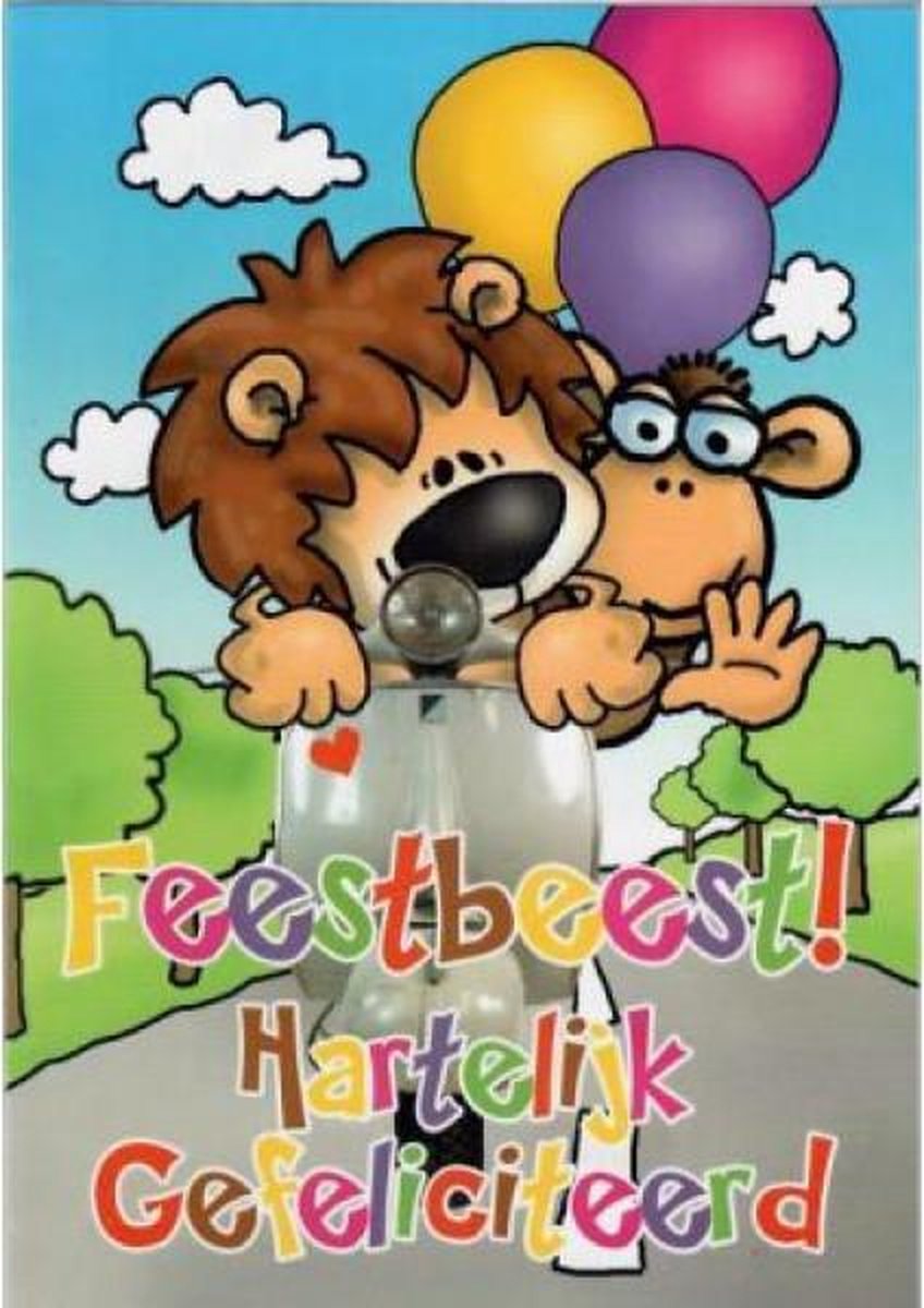 Feestbeest! Hartelijk gefeliciteerd. Een feestelijke wenskaart met twee getekende dieren op een scooter en drie ballonnen. Een dubbele wenskaart inclusief envelop en in folie verpakt.