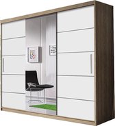 InspireMe-Zweefdeurkast Kledingkast met Spiegel Garderobekast met planken en kledingstang - 250x61x218 cm (BxDxH) - ELBA (Sonoma+Wit)