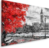 Schilderij - Uitzicht op de Thames en Big Ben in Londen (print op canvas), zwart-wit/rood, 4 maten, wanddecoratie
